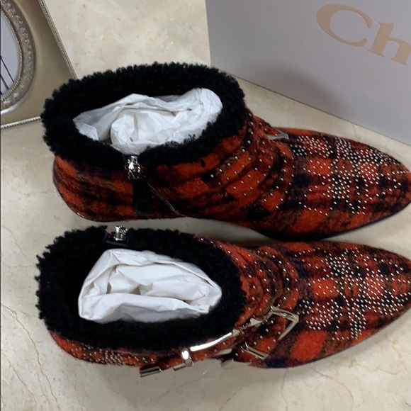 HOST PIC CHLOE SUSANNA WOOL TARTAN AND SHEARLING BOOTS WITH SILVER RIVETS SZ38.5 - Picture 8 of 15